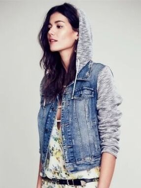 Free People Denim Jacket with Removable Gray Knit Hood size M